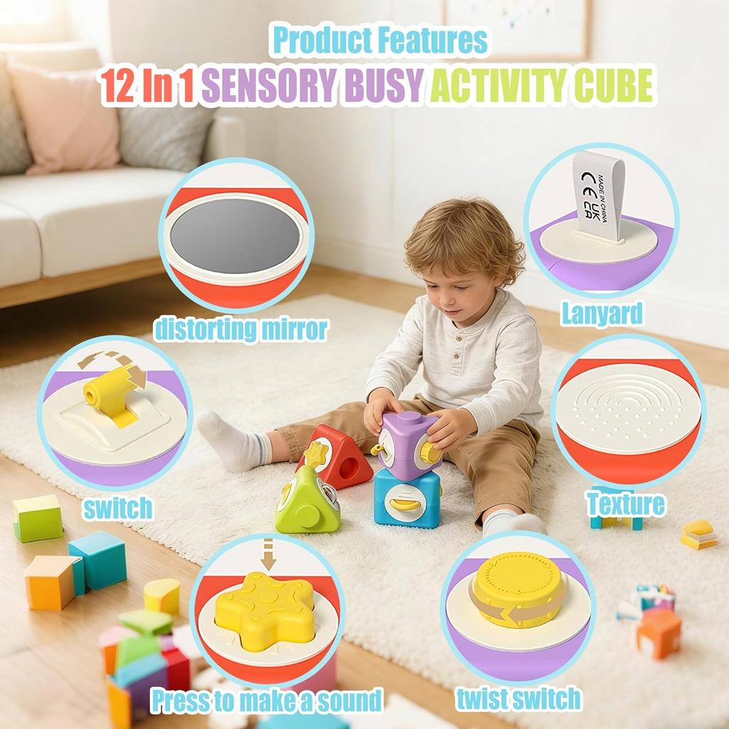 Aktivitätswürfel & Stapelspielzeug Blöcke Set aus 4, Montessori Spielzeug Pädagogische Aktivitäten Sensorisches Reise Spielzeug für Kleinkinder Geschenke