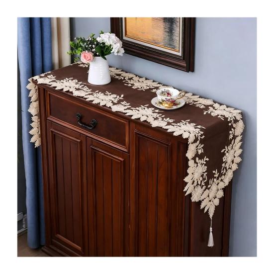 Lace Table Runner with Tassels, Anti-Wrinkle Vintage Table Runner, Decorative Runner with Beaded Flower & Leaf Embroidery for Dining Coffee Table