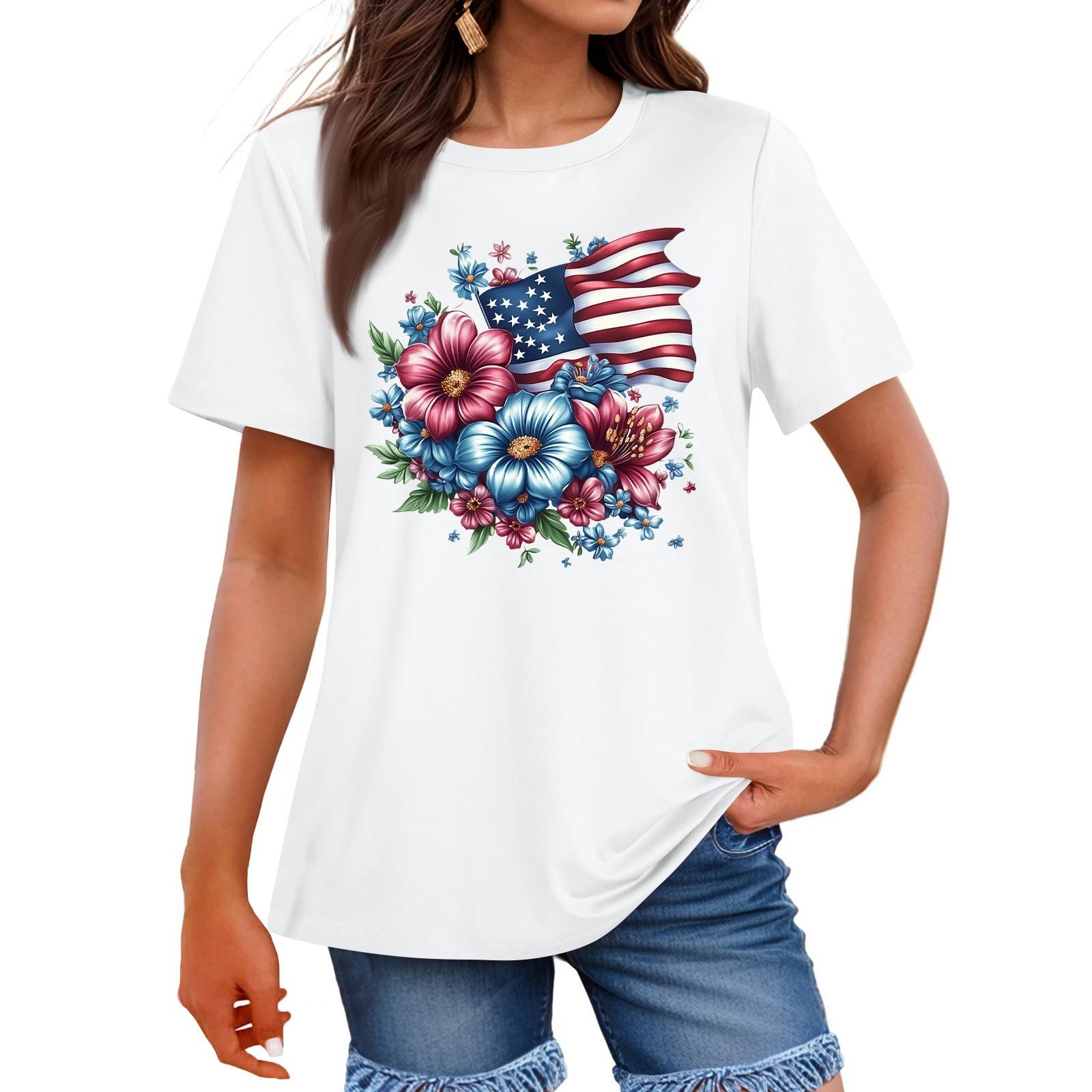 

Women s Fashion Independence Day Printed Round Neck Short Sleeved Casual T-shirt Top XL белый