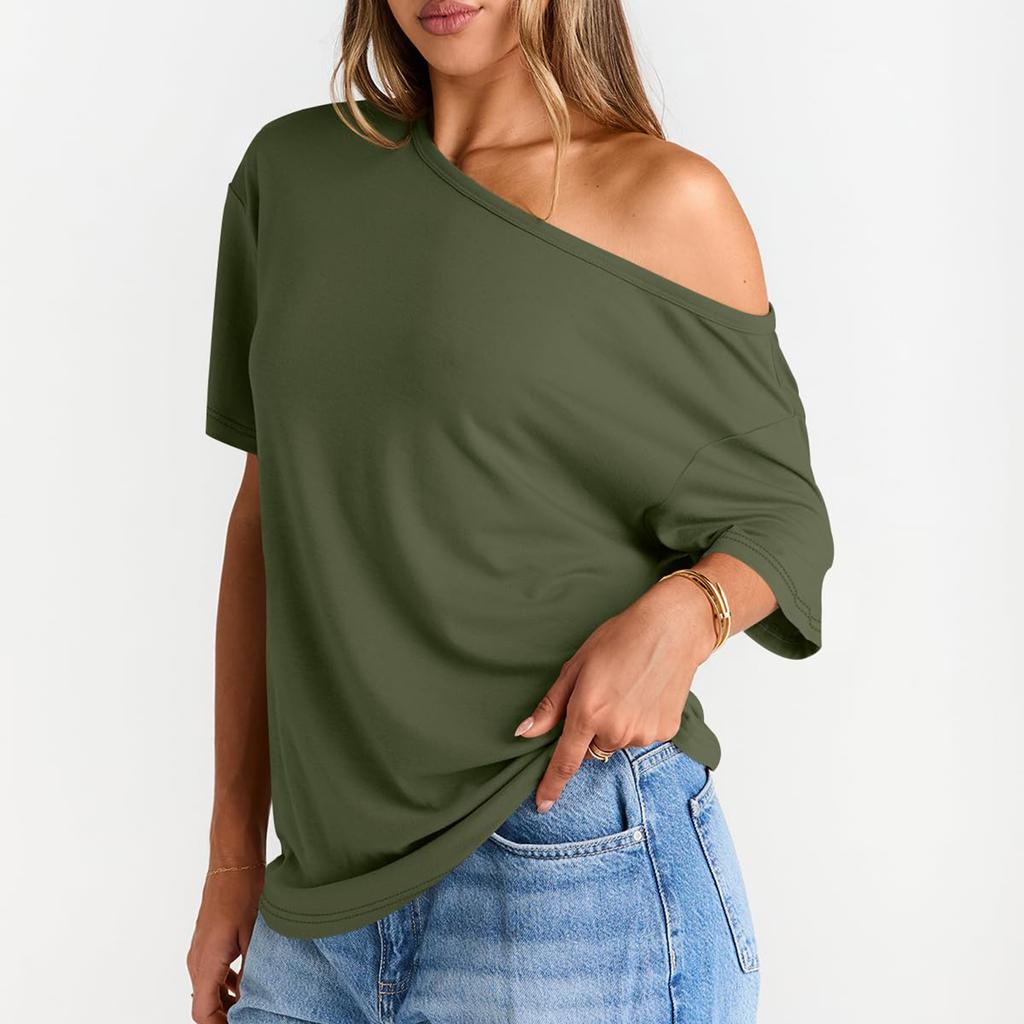 Damenmode Off-Shoulder T-Shirt Farbe Lockerer Schnitt Kurzarmtop