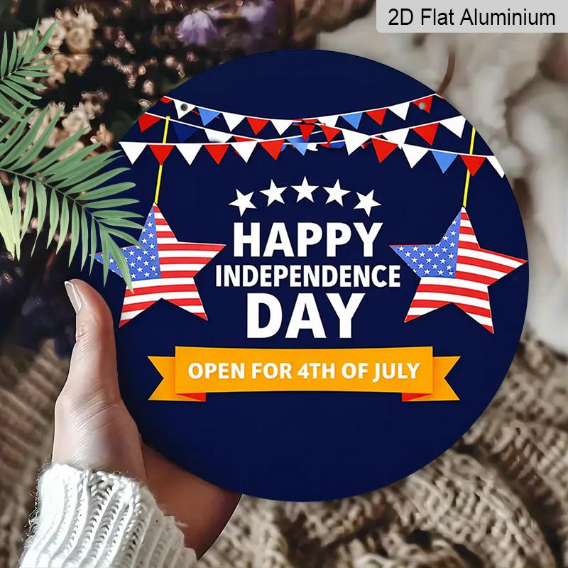 2D Flat, 1pc Round "Happy Independence Day" Aluminum Hanging Sign, Patriotic USA Flag Star Bunting Design, Rustic 4th of July Metal Wall Decor