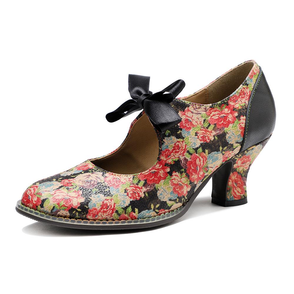 Johnature Dames Schoenen Zoete Print Pumps Vintage Landelijke Bloemige Kant Strik Dames Middelhoge Hak Schoenen