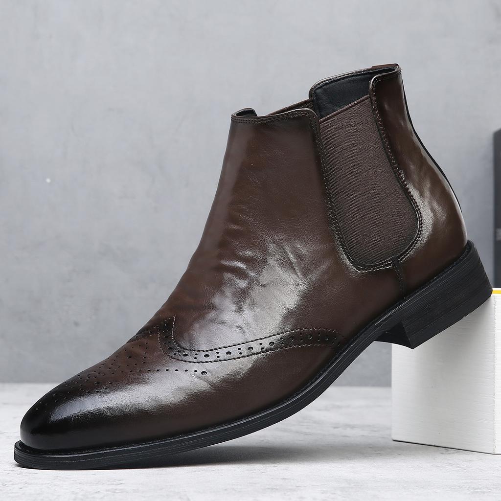 British Brock Carved Leather Chelsea Boots Men's Trend Business Dress High Top Leather Boots Men's Martin Boots