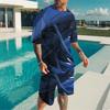 Men Blue Grey Speckled Gradient Short Sleeve Tee And Matching Knee Shorts Two Piece Outfit