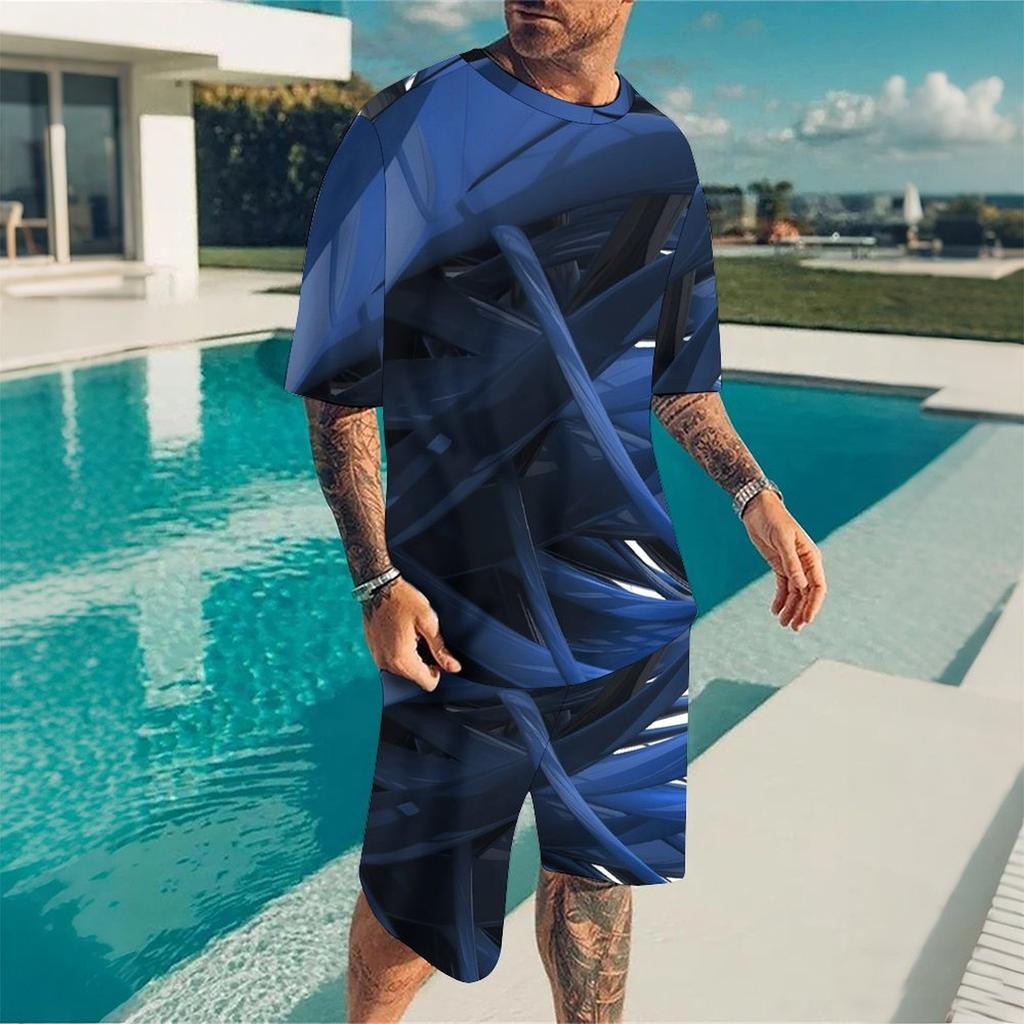 Men Blue Grey Speckled Gradient Short Sleeve Tee And Matching Knee Shorts Two Piece Outfit