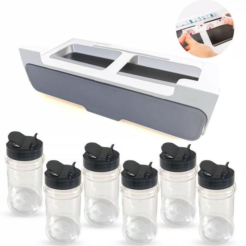 Punch-Free Hanging Seasoning Box Set: Multi-Functional Pull-Down Storage for MSG, Salt, and More.