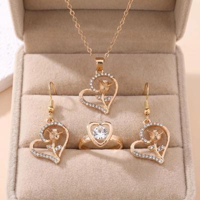Light Luxury Heart Rose Jewelry Set Diamond-Studded Necklace Earrings Ring Three Piece Set For European American Women Daily Party Wedding Dating