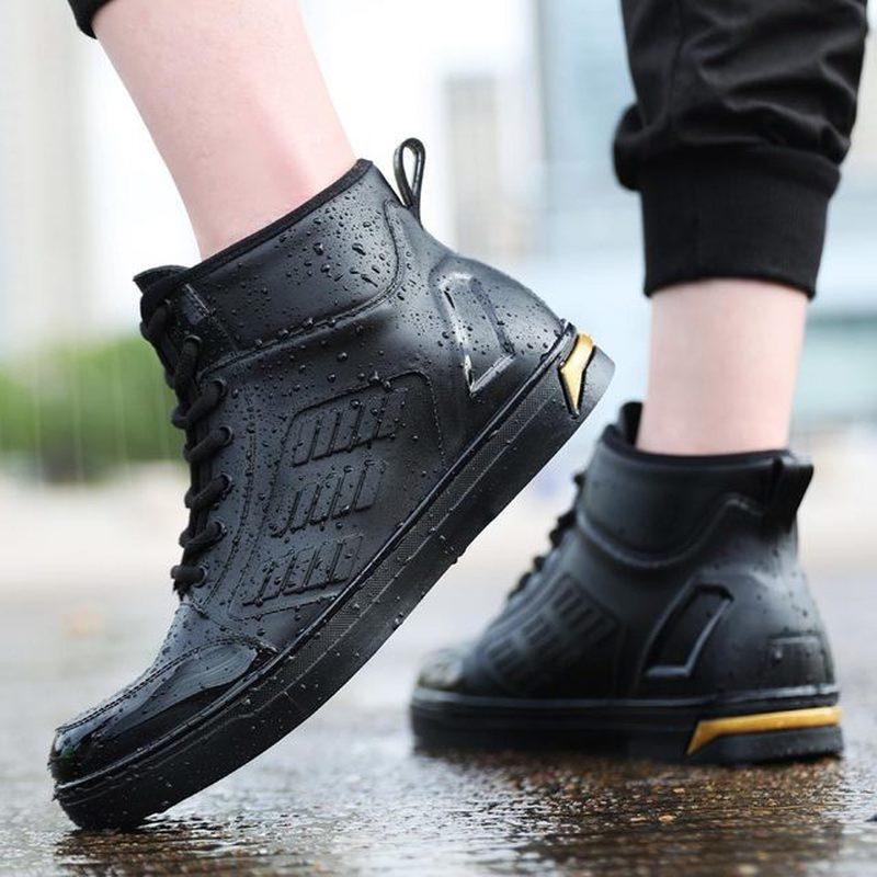 Fashion Rain Shoes Men's Rainboots Waterproof  Men Rain Boy Water Shoes Rubber Black Ankle Boots Lace-Up Shoes for Mens Boots