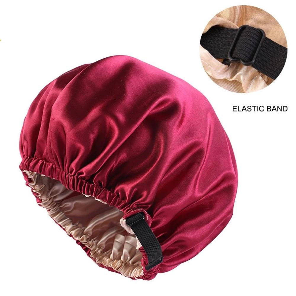 Silk Satin Hair Cap For Sleeping Women Invisible Round Headwear Adjusting Button Night