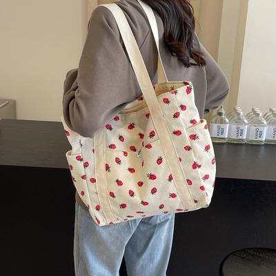 Strawberries Corduroy Handbag Sweet Women's Bag Fashionable Versatile Shoulder Bag Beautiful Simple Commuter Women's Tote Shopping Bags