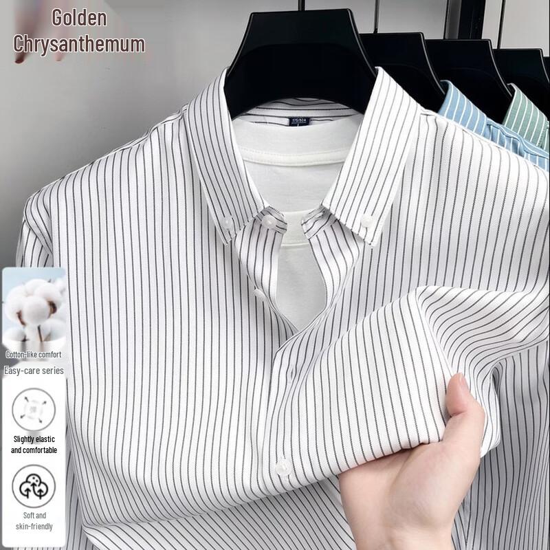 JINJU Men s Fine Striped Button-Down Collar Long Sleeve Shirt XL