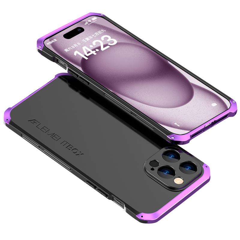 

ELEMENT BOX For iPhone 15 Case Metal Frame PC+Silicone Slim Case Shockproof Phone Cover Black/Purple