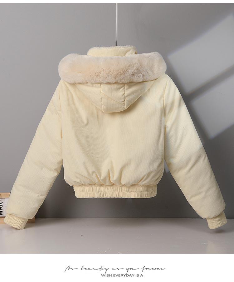 Women's Fleece-lined Cotton-padded Coat with Big Fur Collar Short Thickened Hooded Jacket