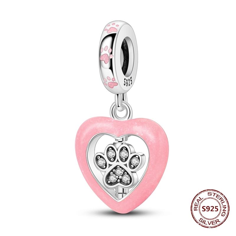 Copper Original Dog Cat Safety Chain Lazy Cat Pink Zircon Pet Paw Print Footprint Charms Fit Bracelet For Women Diy Jewelry