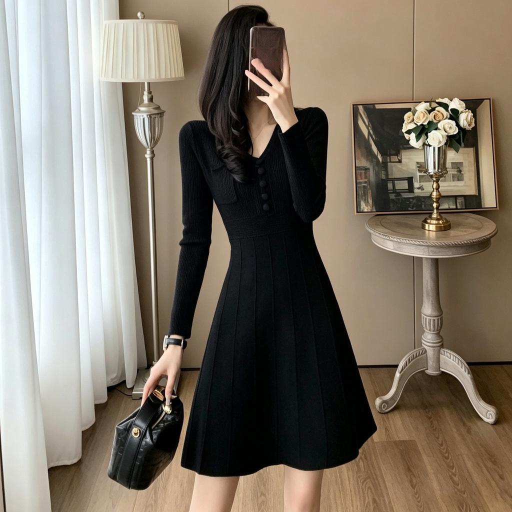 Autumn Winter V-neck Long-Sleeve Knit Dress for Women Elegant Solid Double Pockets Vertical Stripes A-Line Short Sweater Dress