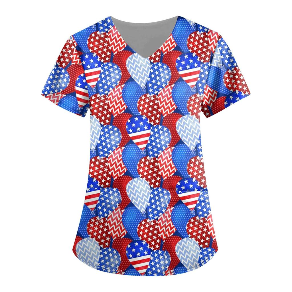 Camisa feminina de bolso de trabalho com estampa do Dia da Independência feminina manga curta com decote em V