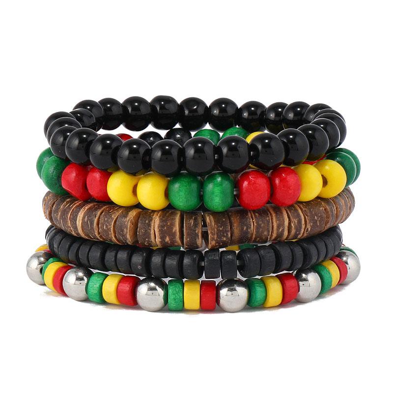 5 ks barevných náramků v reggae stylu, sada stohovatelných náramků, boho etnické ručně vyráběné dárky, červený, žlutý, zelený, černý, dřevěný korálkový náramek na zápěstí