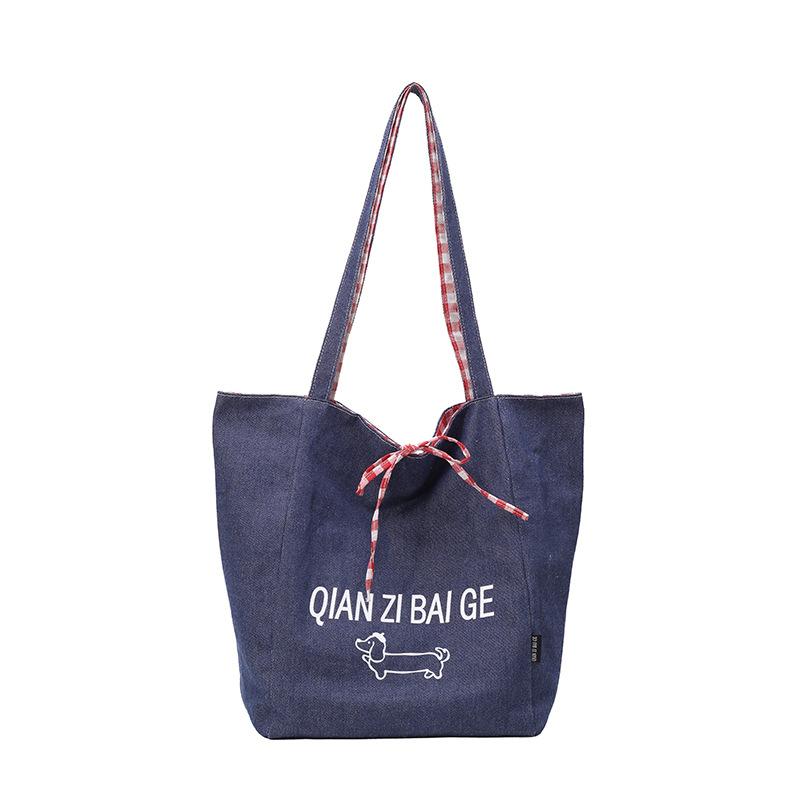 

American double-sided bag, plaid denim canvas bag, versatile commuter tote bag, retro contrasting color handbag available on both sides 27*36*15 темно-синий