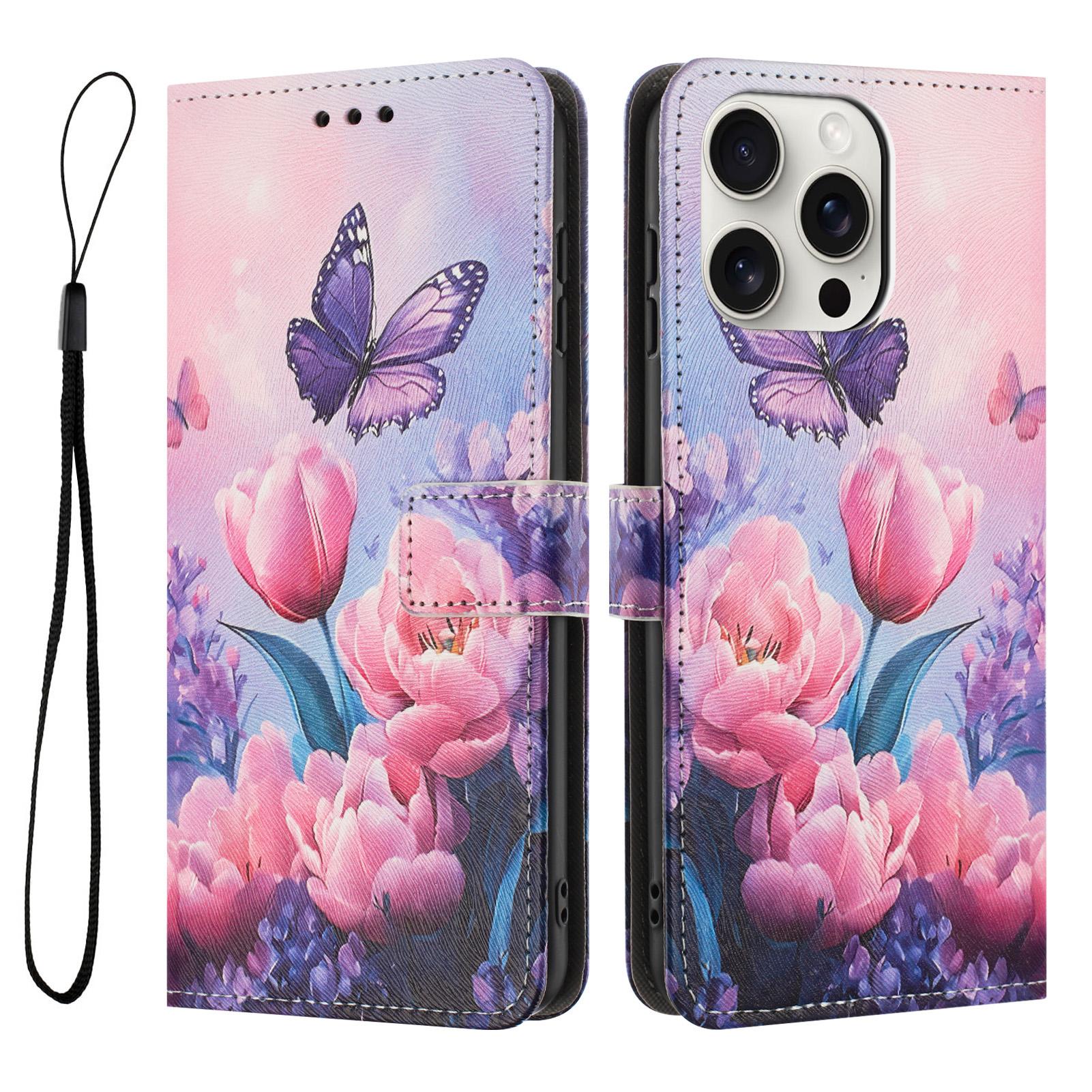 

YX-2501 For iPhone 15 Pro Max Stand Case Pattern Printing PU Leather Wallet Phone Cover with Lanyard Pink Flower Butterfly