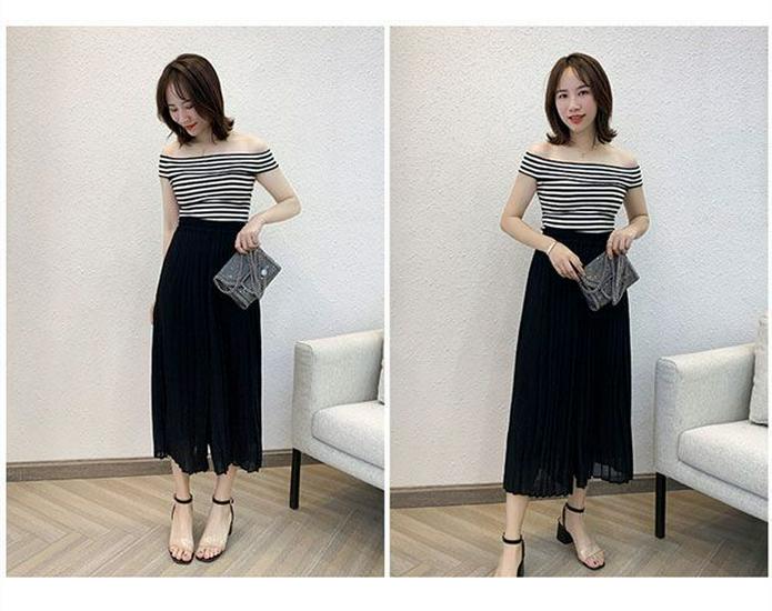 Chiffon Wide-Leg Pleated High-Waist Slimming Loose Fit Nine-Point Skirt Pants for Women