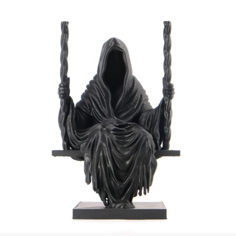 Schwingende Sensenmann-Statue Premium-Harz Schwarze Kapuze Miniaturfigur Gruselige Halloween-Heimregal-Ornament Dekoration