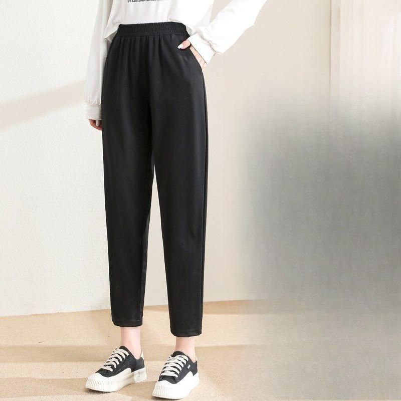 Black Trousers for Women In Autumn and Winter, Thickened with Fleece, Loose, Halon Elastic Waist, 9-inch Casual Pants