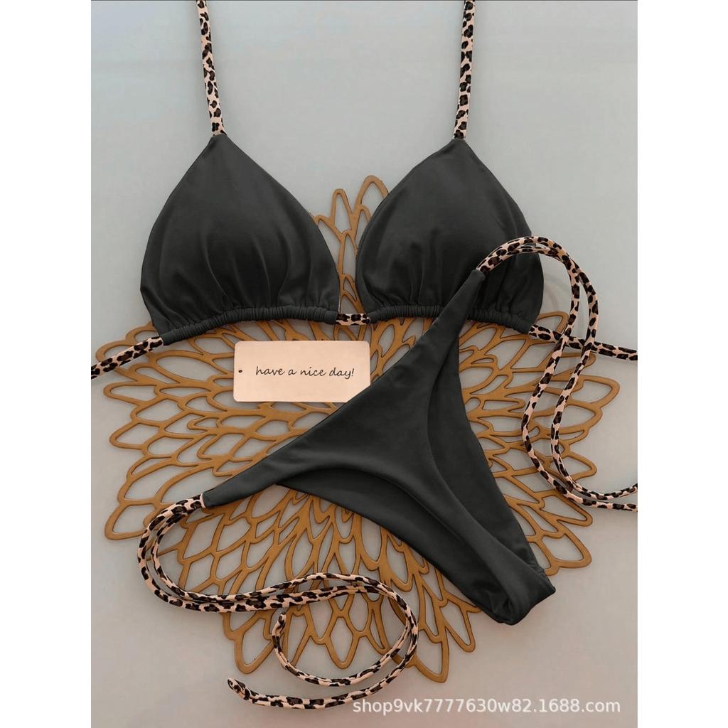 Ladies' Fashion Leopard Print Lace Up Bikini Swimsuit, Beach Vacation Set