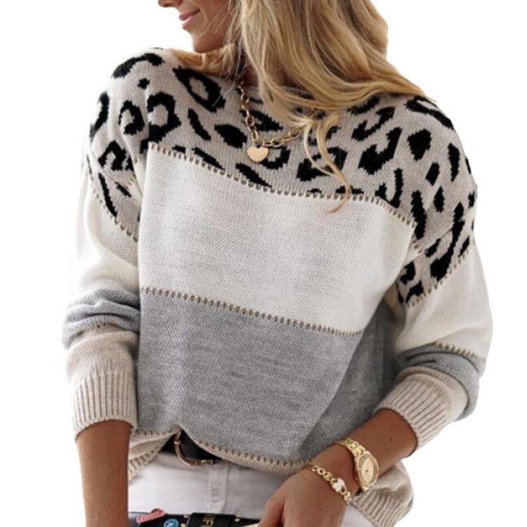 Women's Casual Round Neck Leopard Print Knitted Sweater Long Sleeved Pullover Warm Autumn Winter Fashion