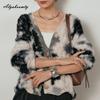 Korean Fashion Autumn Winter Women Cardigan V Neck Fluffy Knitted Outerwear Contrast Color Knitting Warm Soft Overcoat