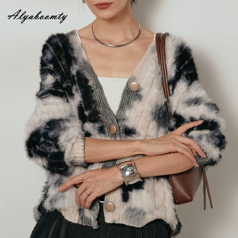 Korean Fashion Autumn Winter Women Cardigan V Neck Fluffy Knitted Outerwear Contrast Color Knitting Warm Soft Overcoat