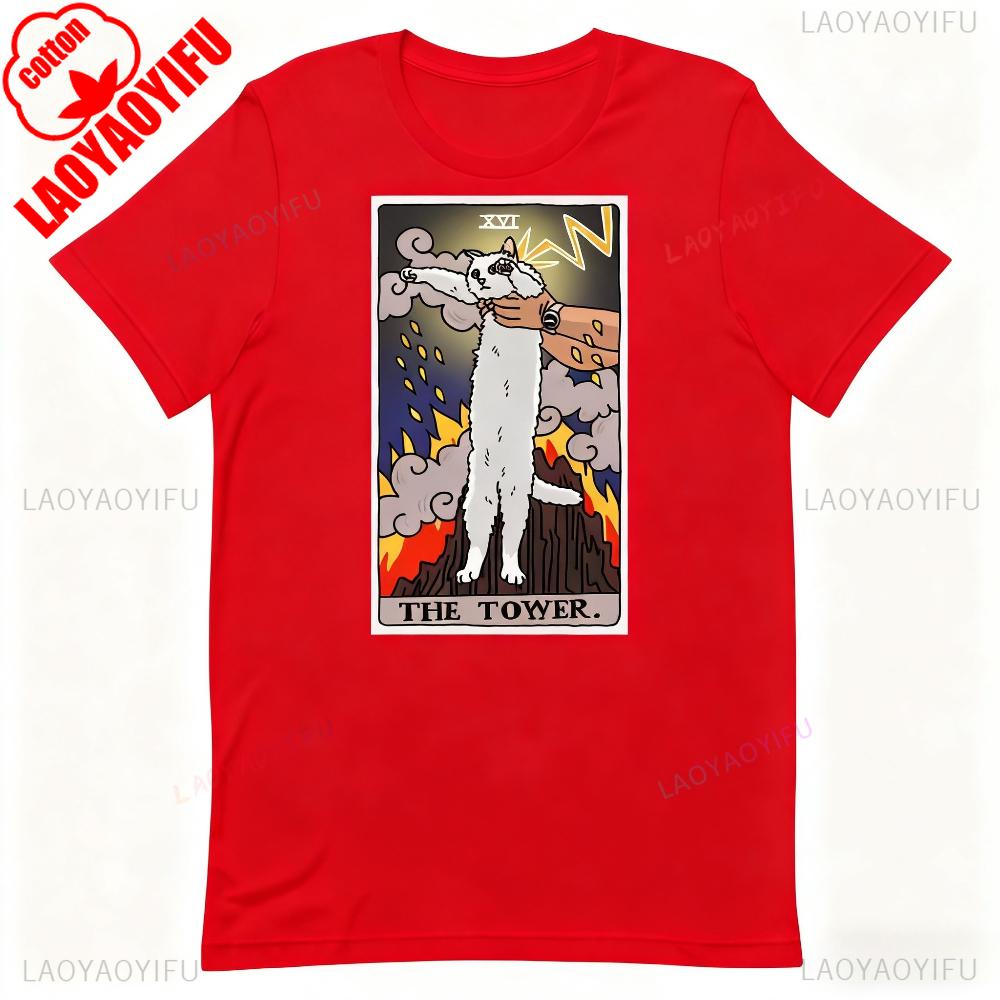 The Original Cat Meme The Tower Tarot Shirt Funny Tower Long Cat Meme Witchy Clothing Y2K Fashion Men Women Casual Streetwear S