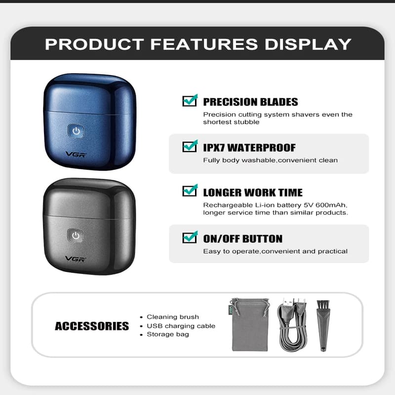 VGR V-340 Shaver Professional Electric Razor Reciprocating Shaving Machine IPX7 Waterproof Beard Trimmer Mini Shaver for Men Safe and Skin-friendly