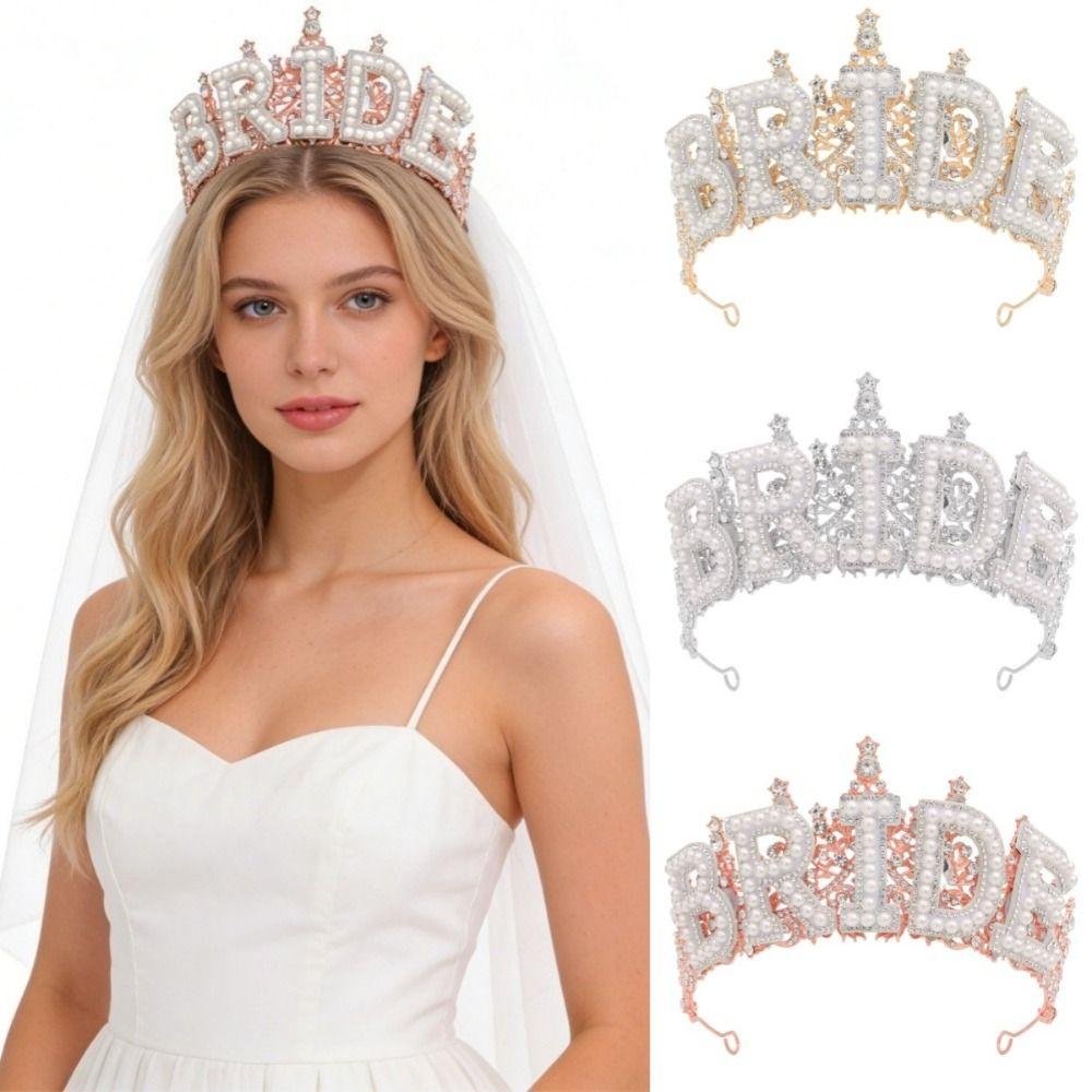 Wedding Decoration White Pearl Letter Crown Shiny Bride Tiara  Bachelorette Party