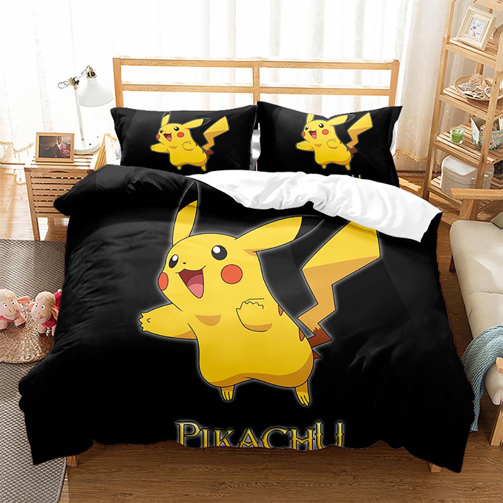 3D Digital Printing Quilt Cover Pillowcase Bedding Cartoon Pikachu Three-Piece Set Home Textile Four-Piece Set Grinding