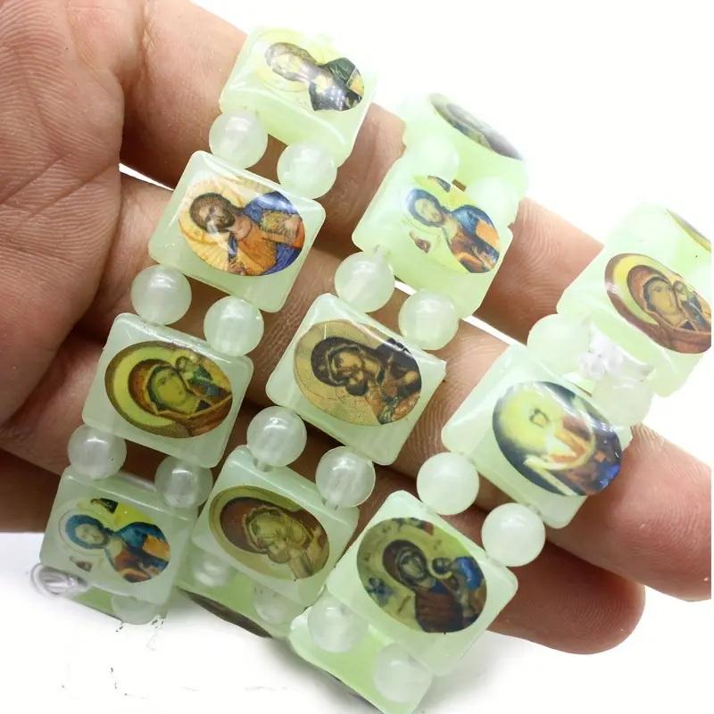 Vintage Jesus And Virgin Mary Pvc Rosary Bead Bracelet With Elastic Band Religious Image Stickers For Daily Wear Parties