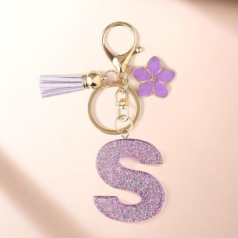 Flash Powder 26 English letters, diy, Resin keychain, purple flower, pendant, bag pendant, keychain, Christmas gift, Stocking stuffers