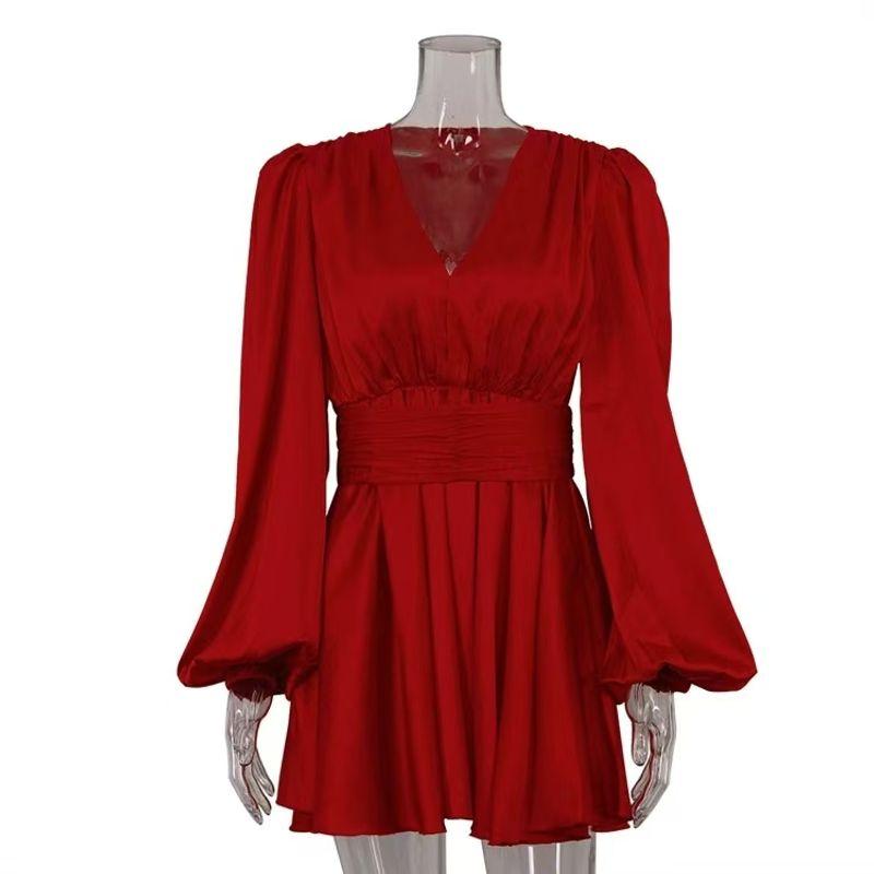 

New Arrival French Ruched Puff Sleeves V-neck Satin Dress Bubble Sleeve V-neck Dress Red M