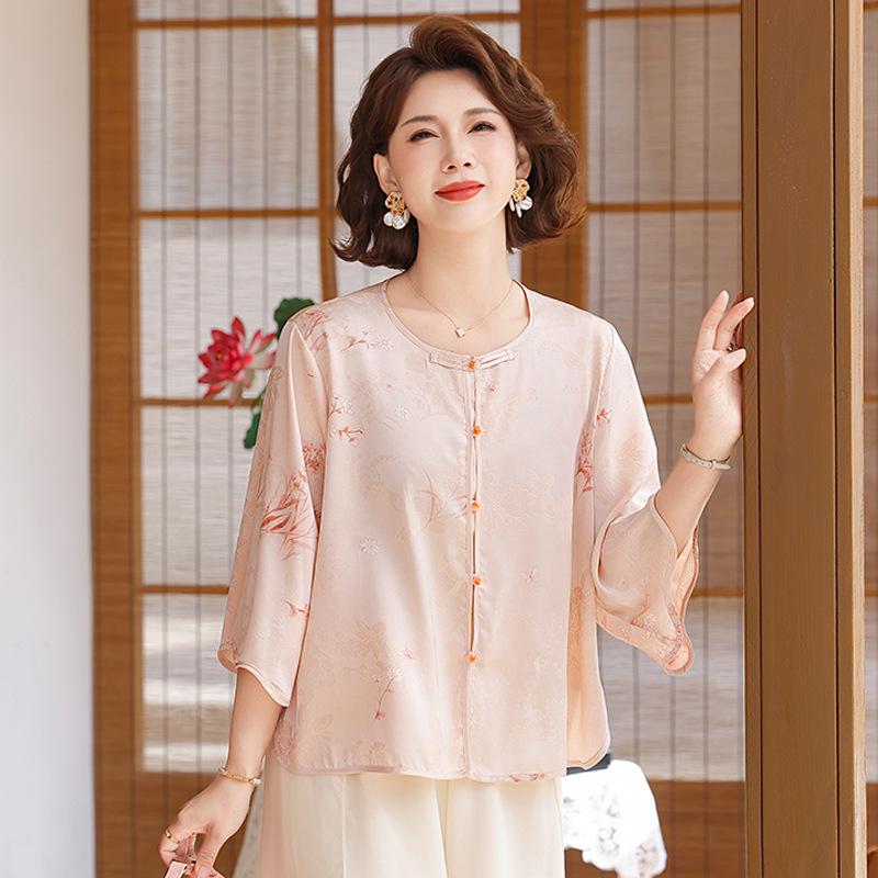 Summer 2026 Imitation Silk Short-Sleeve Blouse - Fashionable Plus Size for Middle-Aged & Elderly Moms