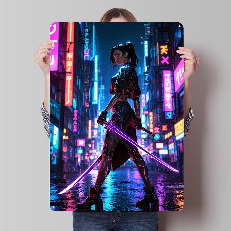 Cyberpunk Krieger Blechschild Neon Poster Dinge für Raumdesign Anpassbare Metallschilder für Zuhause Zimmer Wandkunst Kaffeebar
