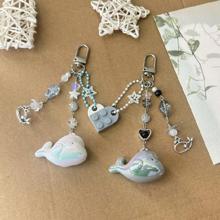 Cuteness Dolphin Beaded Keychain Unique Key Holder Acrylic and Alloy Texture Beaded Keyring for Stylish Youthful Women