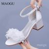 5CM Hohe Sandalen Damen Weiß Floral Knöchelriemen Kleiderschuhe für Damen Hochzeit Brautschuhe Sandalias De Mujer Größe 35-41
