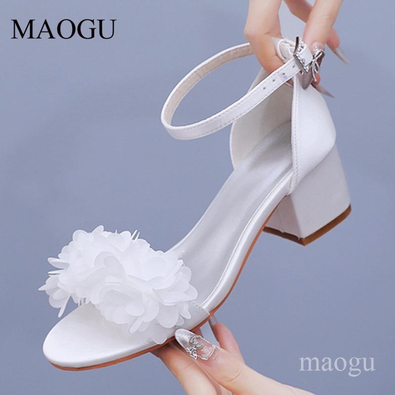 5CM Hohe Sandalen Damen Weiß Floral Knöchelriemen Kleiderschuhe für Damen Hochzeit Brautschuhe Sandalias De Mujer Größe 35-41