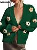 New Chunky Knit Cardigan for Women, Floral Embroidery Lantern Sleeve Oversized Sweater