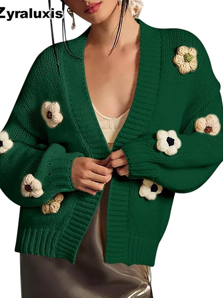 New Chunky Knit Cardigan for Women, Floral Embroidery Lantern Sleeve Oversized Sweater