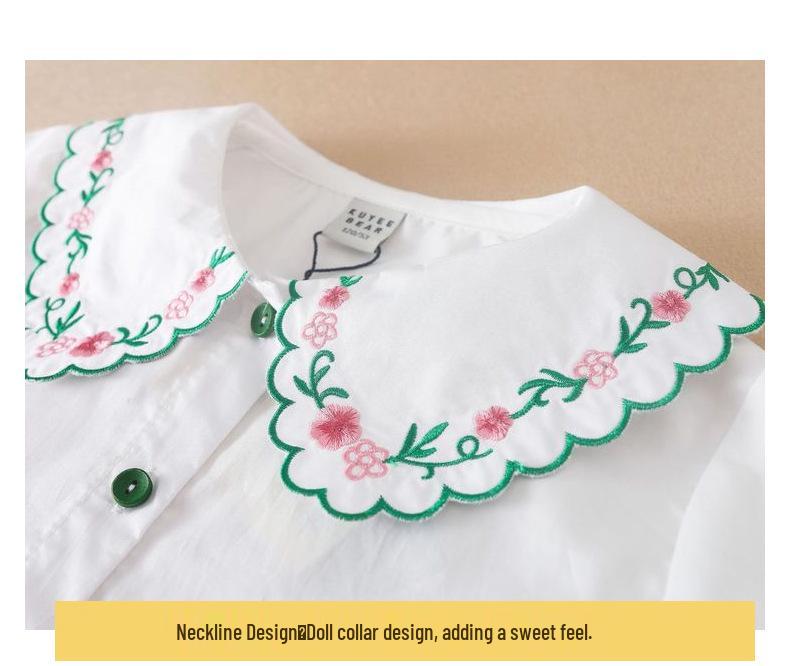 Academy Style Girls' Thin Shirt with Doll Collar & Embroidery – Autumn Collection for Older Children