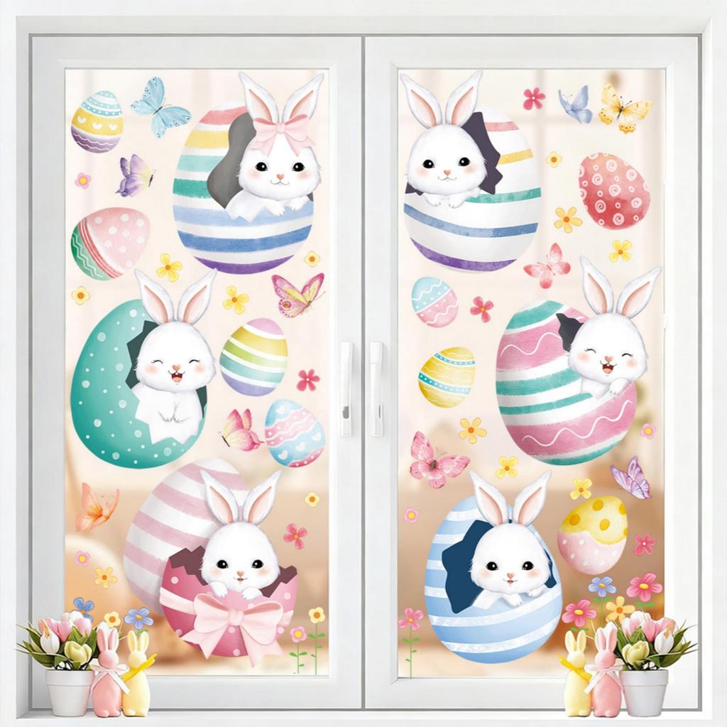 6 Sheets Easter Bunny Window Clings Cartoon Egg Stickers Cute Decoration For Home Classroom Nursery Shop Glass Display Decorations