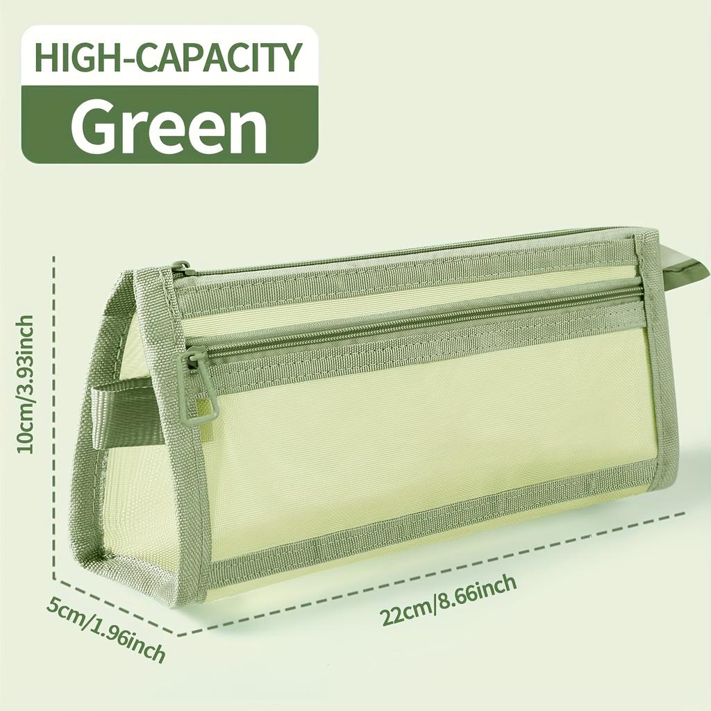 1pc Desk Storage Morandi Grid Mesh Pencil Case with Handle and Zipper Clear Double-layer Pencil Pouch Marker Pouch, Travel Bag