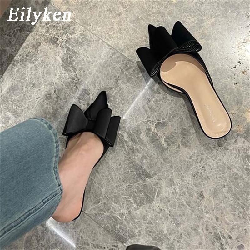 Fashion Eilyken Silk Satin Pointed Toe Women Slipper Fashion Butterfly-knot Shallow Slip On Ladies Mules Low High Slides Shoes