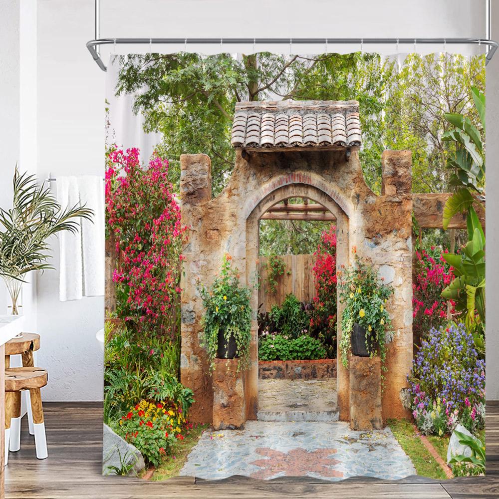 Garden Shower Curtain Arch Door Fence Vines Flowers European Garden Bathroom Decorations Landscape Bath Curtain With Hooks