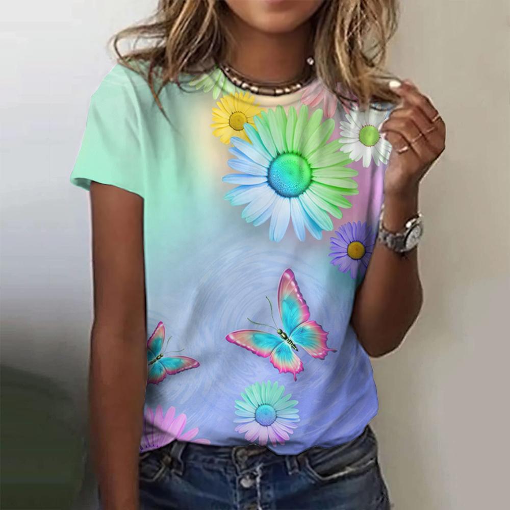 

Літні жіночі футболки з 3D-принтом квітів та метеликів, вуличний одяг, повсякденна мода Y2k, футболки з коротким рукавом, футболки з круглим вирізом, топи, одяг 6XL